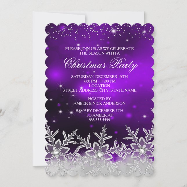 Crystal Snowflake Purple Christmas Party Invite (Front)