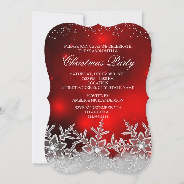 Crystal Snowflake Red Christmas Party Invite (Front)