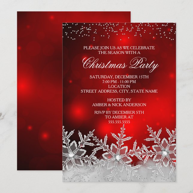 Crystal Snowflake Red Christmas Party Invite (Front/Back)