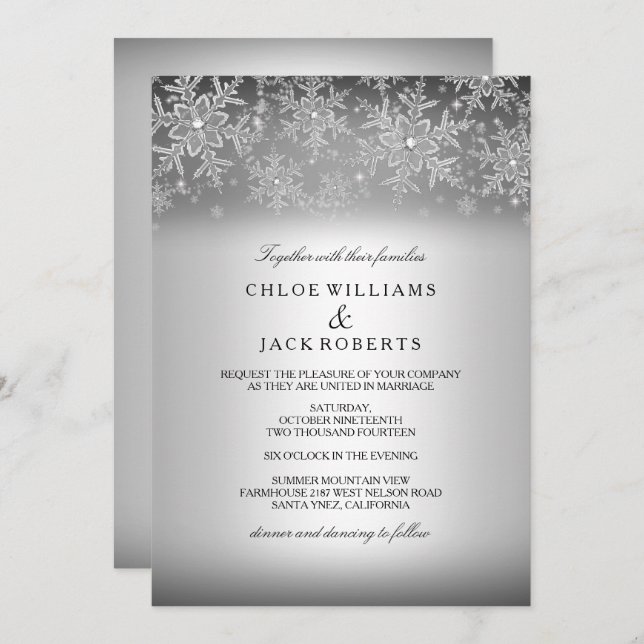 Crystal Snowflake Silver Winter Wedding Invitation (Front/Back)