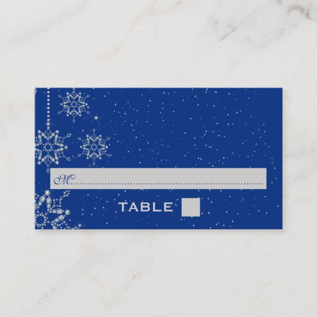 Crystal snowflakes blue wedding place card (Front)