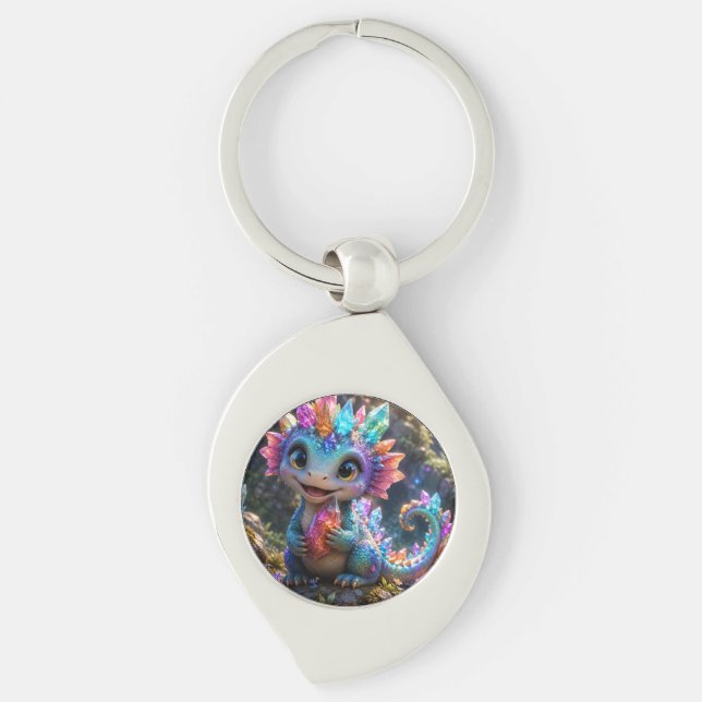 Crystal Sprout – Cute Crystal Dragon Fantasy Art Key Ring (Front)