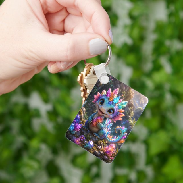 Crystal Sprout – Cute Crystal Dragon Fantasy Art Key Ring (Hand)
