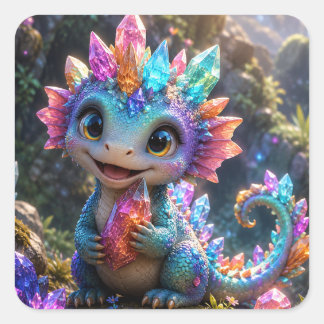 Crystal Sprout – Cute Crystal Dragon Fantasy Art Square Sticker