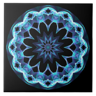 Crystal Star, Abstract Glowing Blue Mandala Tile