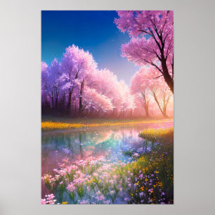 Crystal Stream and Blossoming Field of Flowers Poster