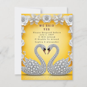 🌺 Crystal Swan Couple Warm Gold Romance 💐 RSVP Card