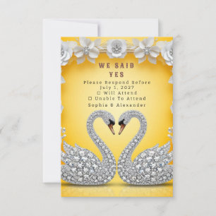 🌺 Crystal Swan Couple Warm Gold Romance 💐 RSVP Card