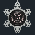 Crystal wedding anniversary 15 years snowflake pewter christmas ornament<br><div class="desc">A design to celebrate 15 years of marriage. This design has a pink coloured laurel design on a black background. Crystal is the traditional gift for this occasion. The text reads crystal 15 years anniversary. A romantic design to celebrate your 15th year of marriage. If you would like any help...</div>