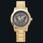 Crystal wedding anniversary 15 years watch<br><div class="desc">A design to celebrate 15 years of marriage. This design has a pink coloured laurel design on a black background. Crystal is the traditional gift for this occasion. The text reads crystal 15 years anniversary. A romantic design to celebrate your 15th year of marriage. If you would like any help...</div>