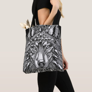 Crystal Wolf Wall Art White Line Art on Black Tote Bag