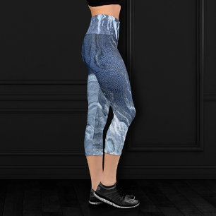 Crystallised Blue Agate Dusty Slate Marbled Ston Capri Leggings