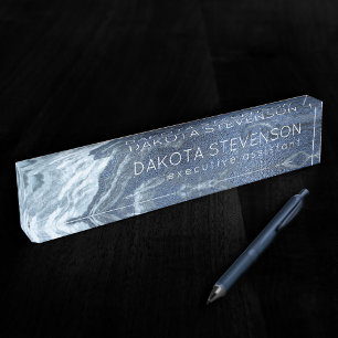 Crystallised Blue Agate Dusty Slate Marbled Ston Nameplate