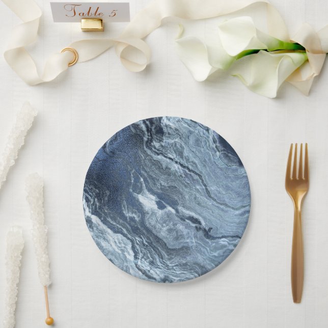 Crystallised Blue Agate | Dusty Slate Marbled Ston Paper Plate (Wedding)
