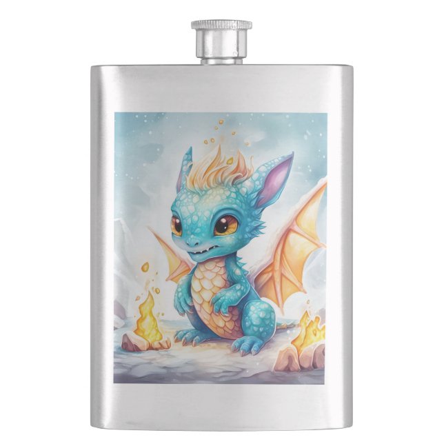 Crystallised Cute Baby Blue Dragon-68799 Hip Flask (Front)