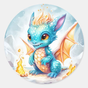 Crystallised Cute Baby Blue Dragon Classic Round Sticker