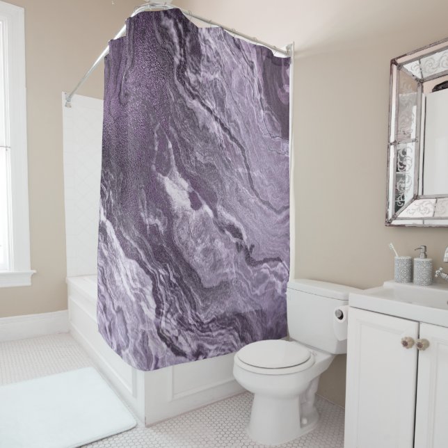 Crystallised Purple Agate | Moody Marbled Stone Shower Curtain (In Situ)