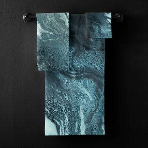 Crystallised Teal Agate   Dark Aqua Marbled Stone Bath Towel Set