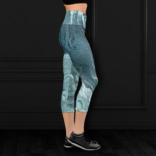 Crystallised Teal Agate   Dark Aqua Marbled Stone Capri Leggings