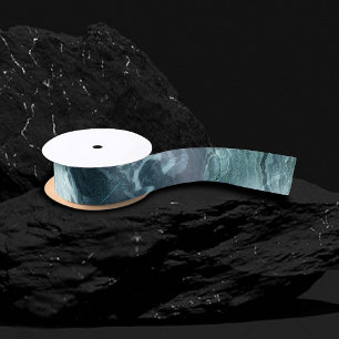 Crystallised Teal Agate Dark Aqua Marbled Stone Satin Ribbon