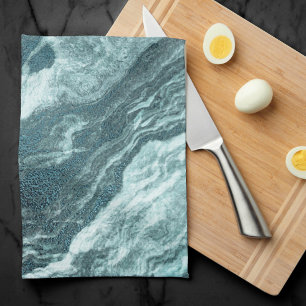 Crystallised Teal Agate Dark Aqua Marbled Stone Tea Towel