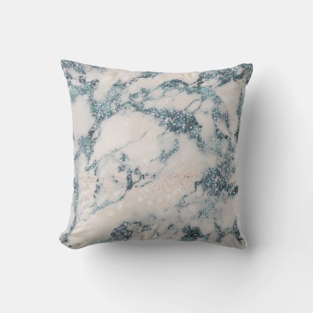 Crystals Glitter Peach White Blue Marble Cushion (Front)