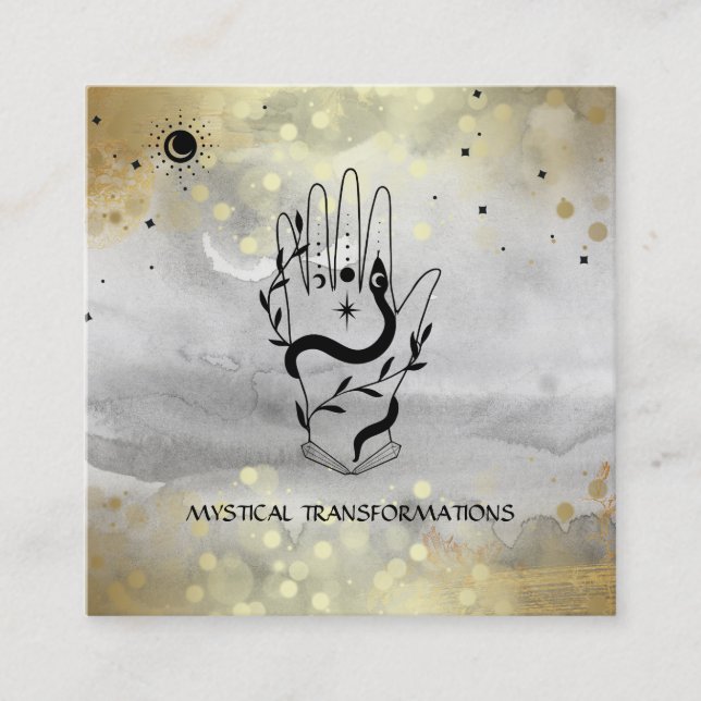 *~* Crystals Hand Snake  Moon Magic Boho Gray Square Business Card (Front)