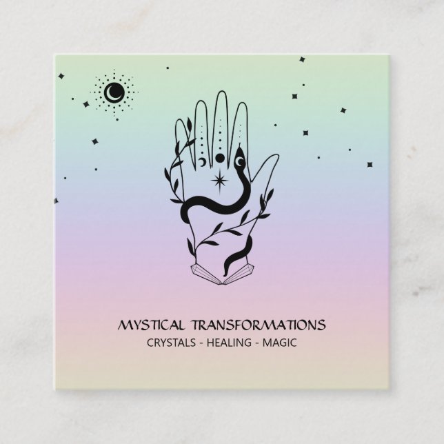 *~* Crystals Hand Snake   Moon Magic Boho Rainbow Square Business Card (Front)