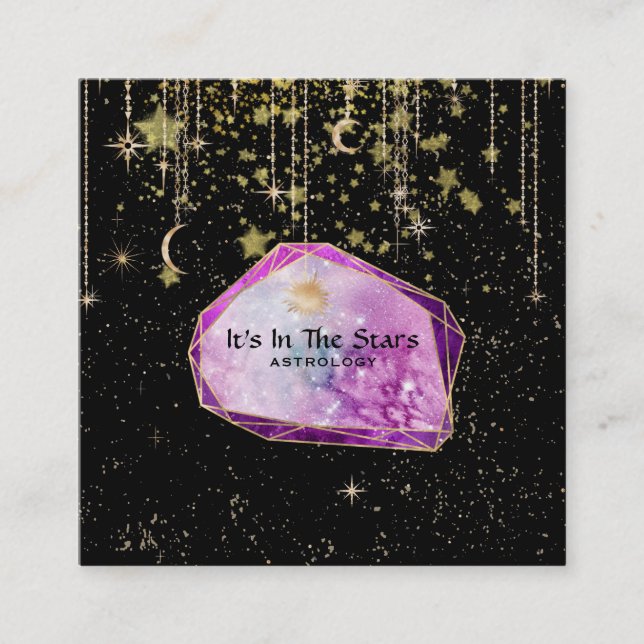 *~* Crystals Moon Stars Cosmos Astrology Gold Square Business Card (Front)