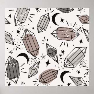 Crystals, Moon, Stars, Overlapping Design. Poster