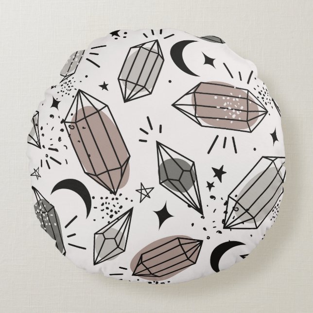 Crystals, Moon, Stars, Overlapping Design. Round Cushion (Front)