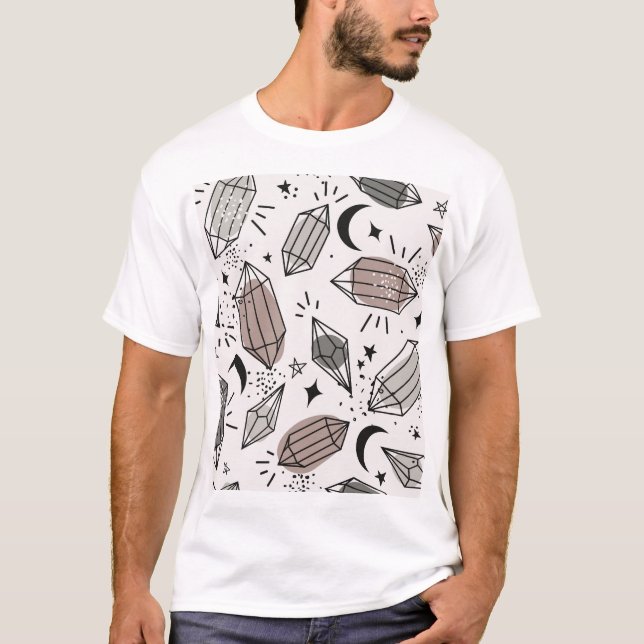 Crystals, Moon, Stars, Overlapping Design. T-Shirt (Front)