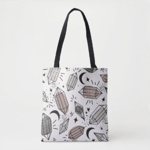 Crystals, Moon, Stars, Overlapping Design. Tote Bag