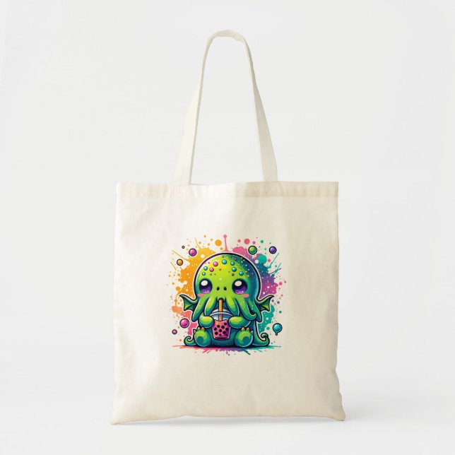 Cthulhu Kawaii Anime Alien Bubble Tea Tote Bag (Front)