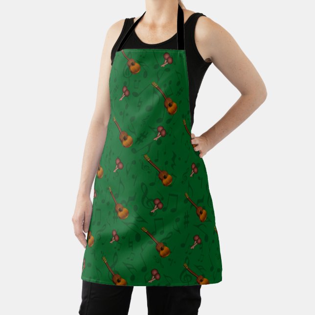 Cuatro and Maracas with Music Notes on DARK GREEN Apron (Insitu)