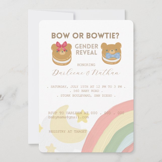 Cub baby bear, Bow or Bowtie, Gender Reveal Party Invitation (Front)