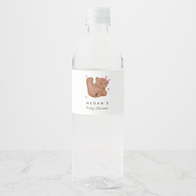 Cub Bear Girl Baby Shower Pink Bow Water Bottle Label (Front)