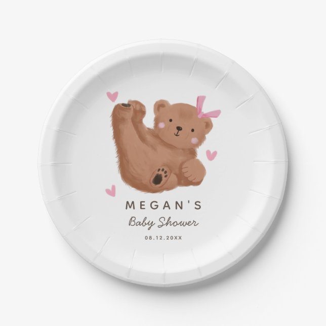 Cub Bear Pink Bow Baby Shower  Paper Plate (Front)