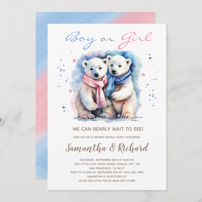 Cub Bear Polar bear Theme Winter Gender Reveal Invitation (Front/Back)
