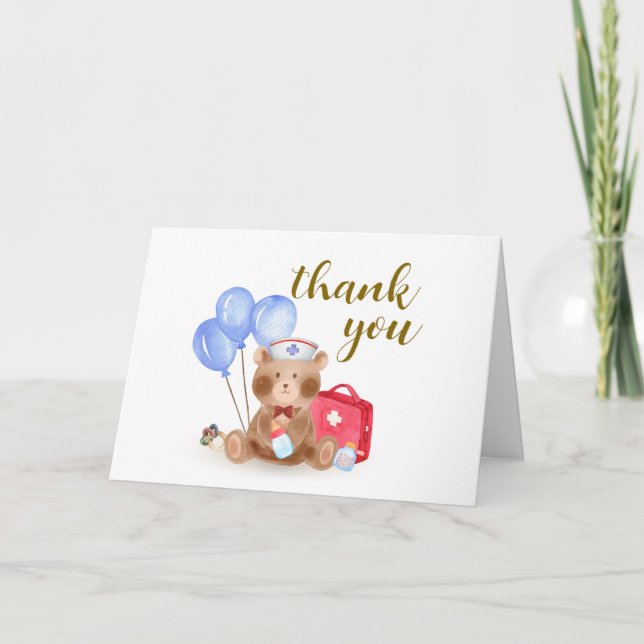 Cub Nurse Doctor Teddy Bear Balloon Baby Shower  Thank You Card (Front)