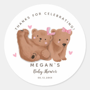 Cub Twin Bears Girls Baby Shower  Classic Round Sticker