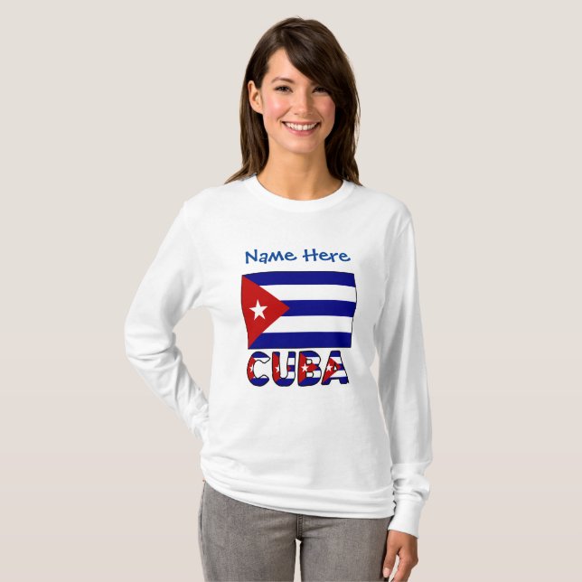 Cuba and Dark Blue Cuban Flag Blue Personalisation T-Shirt (Front Full)