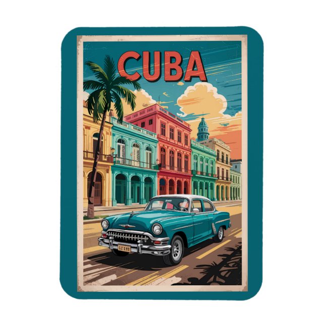 Cuba Classic Car Illustration Travel Art Vintage Magnet (Vertical)