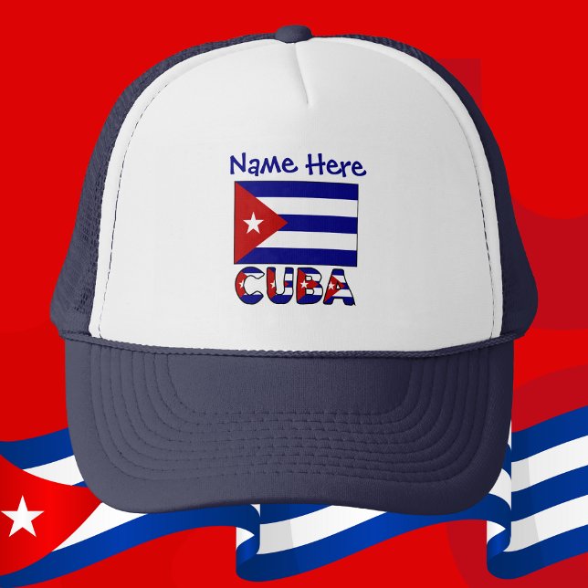 Cuba Dark Blue Cuban Flag Navy Blue Personalised Trucker Hat (Personalized trucker hat with dark blue Cuban flag and the word CUBA below.)
