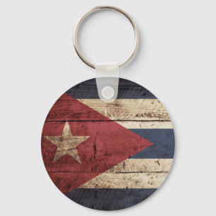 Cuba Flag on Old Wood Grain Key Ring