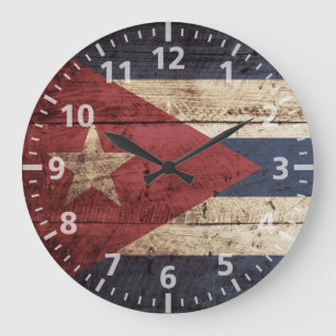 Cuba Flag on Old Wood Grain Large Clock