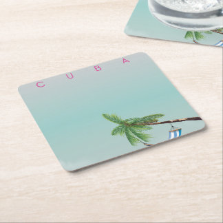 Cuba Hammock Vintage style vacation print. Square Paper Coaster