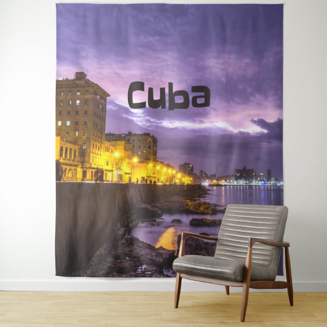 Cuba Havana Shoreline Citylights At Night Tapestry (In Situ)