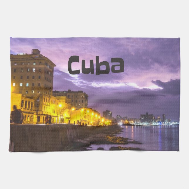 Cuba Havana Shoreline Citylights At Night Tea Towel (Horizontal)