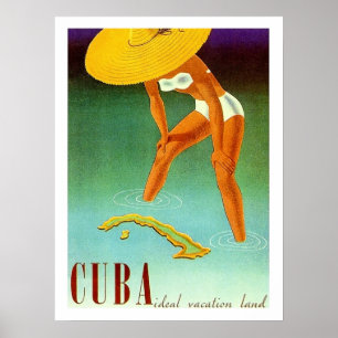 Cuba, Isle, bikini girl in big yellow hat, vintage Poster
